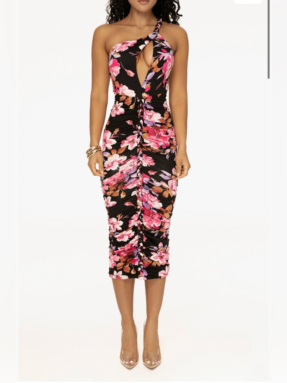 Jluxlabel Jess Floral Ruched Braided One-Shoulder Midi Dress